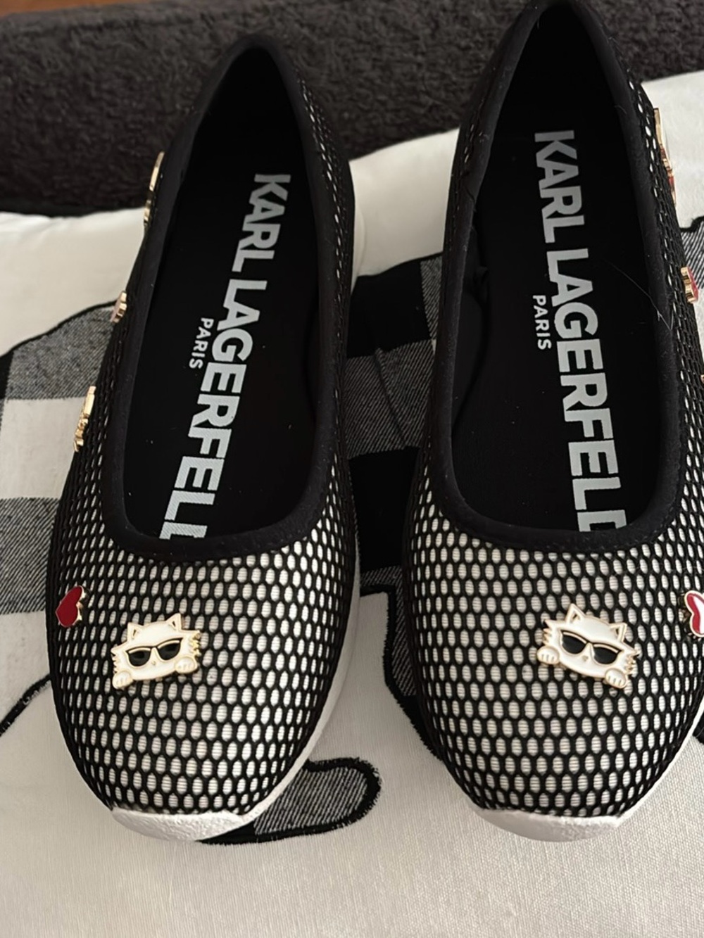 NWOT Karl Lagerfeld Black Mesh Ballet Flats with Super Cute Charms